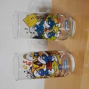 🏠 VINTAGE Peyo SMURF 1983 Smurfette and Grouchy 1982 Collector Drinking Gl…